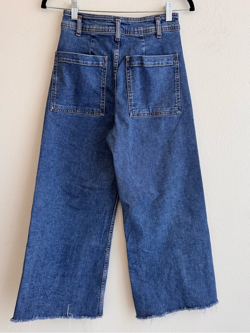 Zara Marine Wide Leg High Rise Cropped Raw Hem Jeans Womens 4 Blue Denim Pockets - Picture 4 of 6